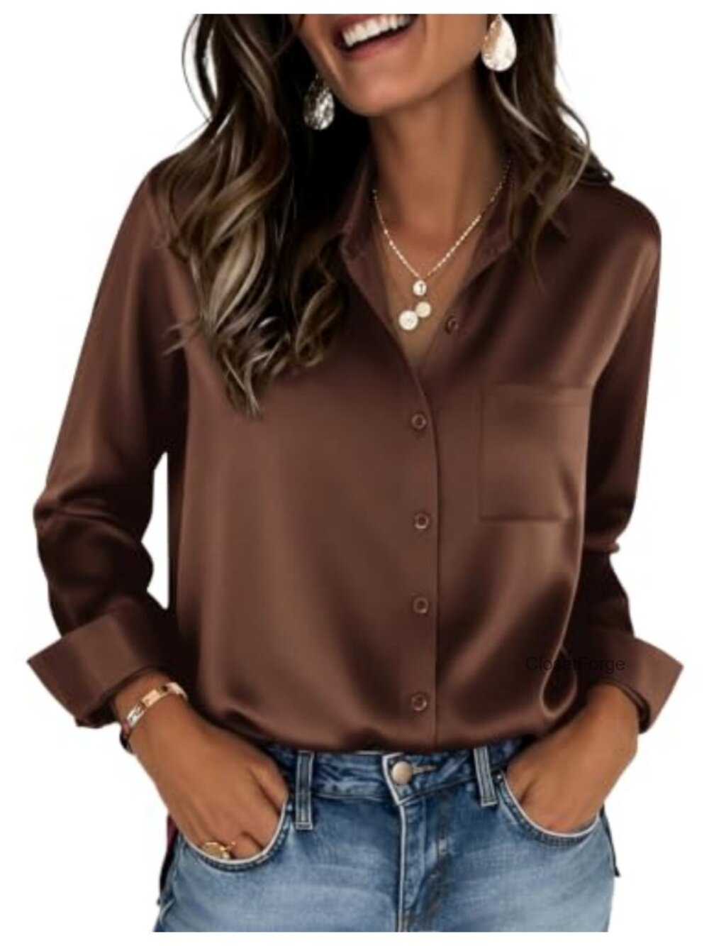 Zeagoo Womens Satin Long Sleeve V Neck button down blouse